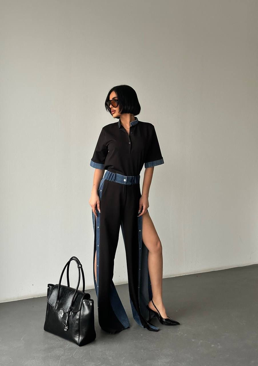 Set Pantalón broches track y Blusa con Denim