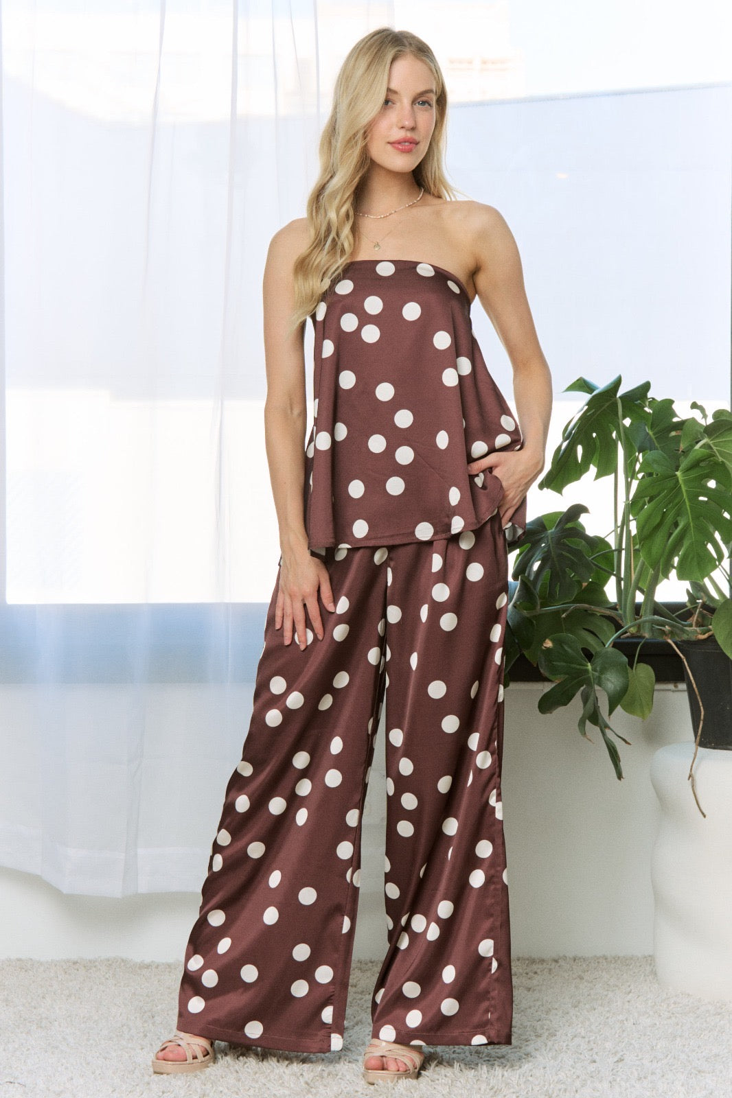 Set Pantalón y Blusa strapless satín lunares