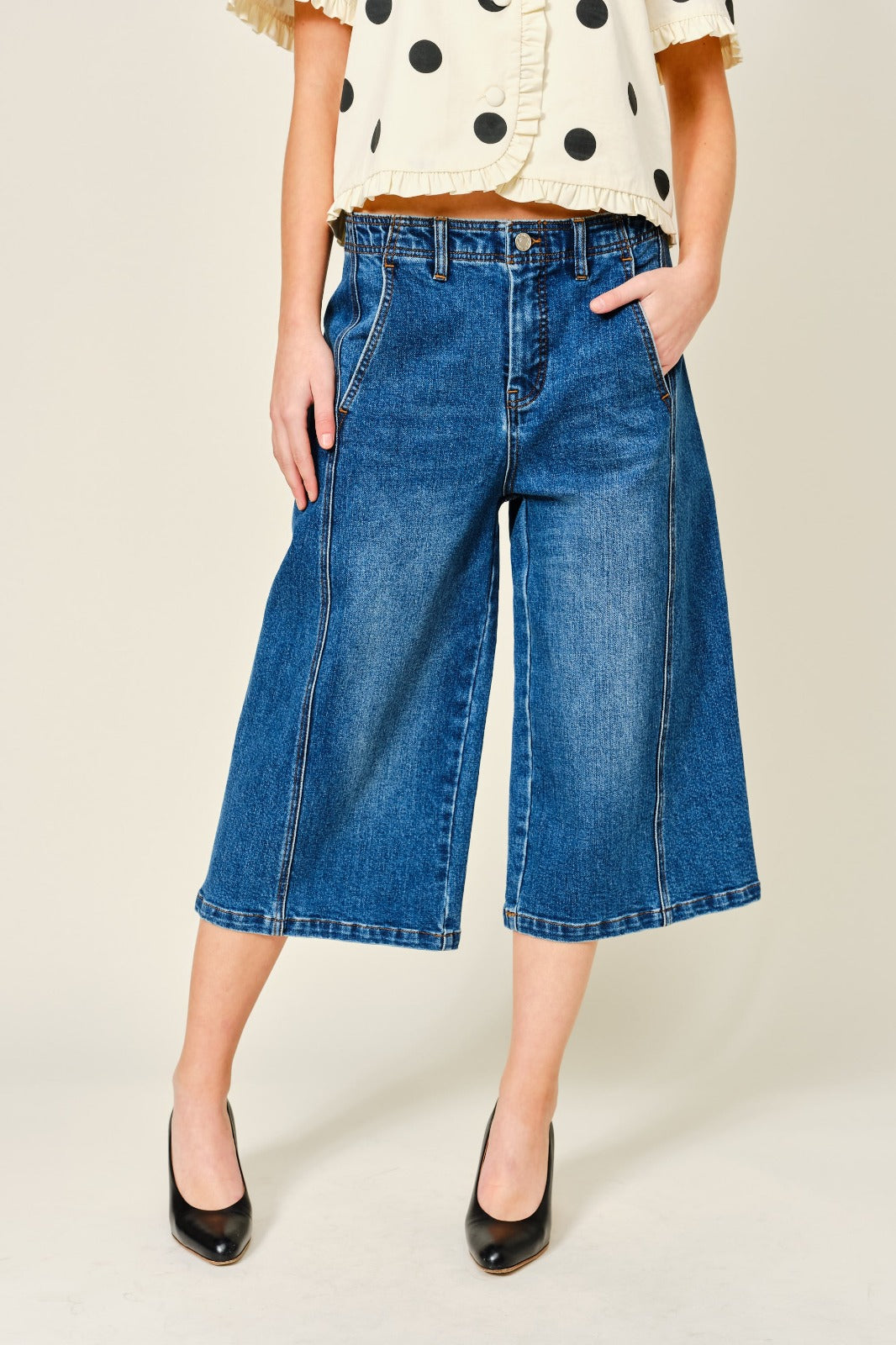 Bermuda Denim culotte costuras