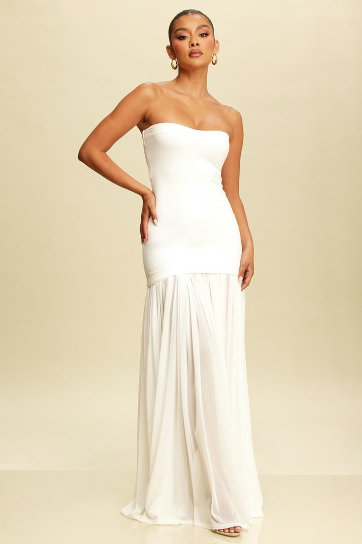 Vestido largo strapless plisado Blanco