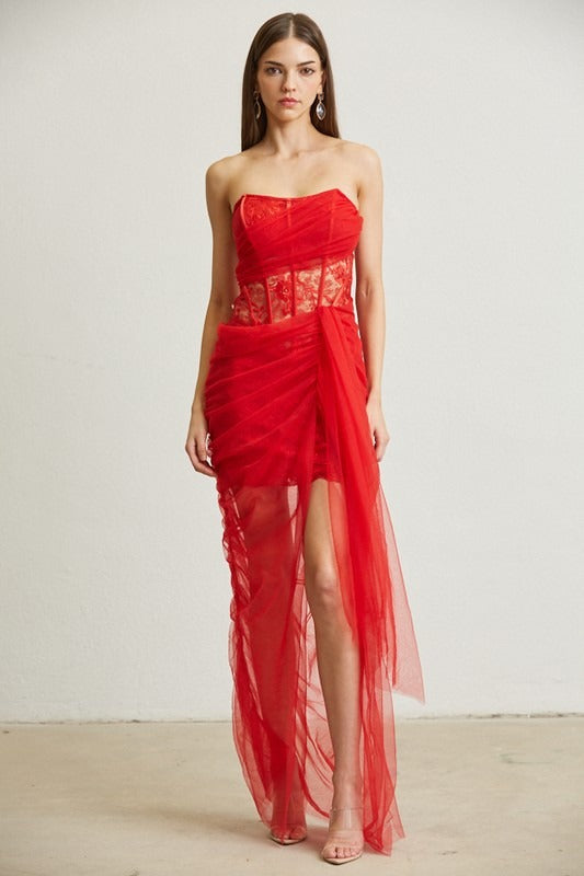 Vestido encaje y tulle Rojo