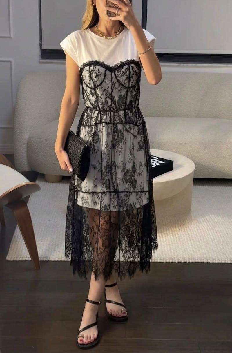 Vestido encaje en sobreposición con T-Shirt