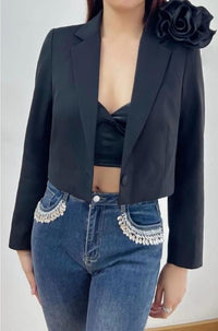 Fashion Styled Blazer crop Flor 3D Negro