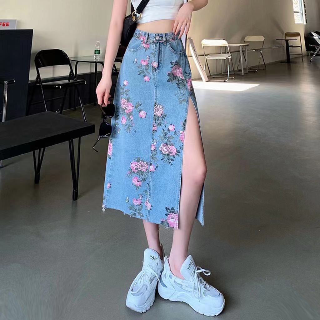 Falda denim abertura Flores