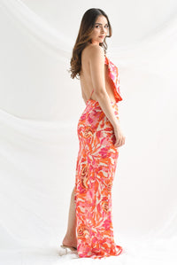 Fashion Styled Vestido largo espalda Flores Naranja