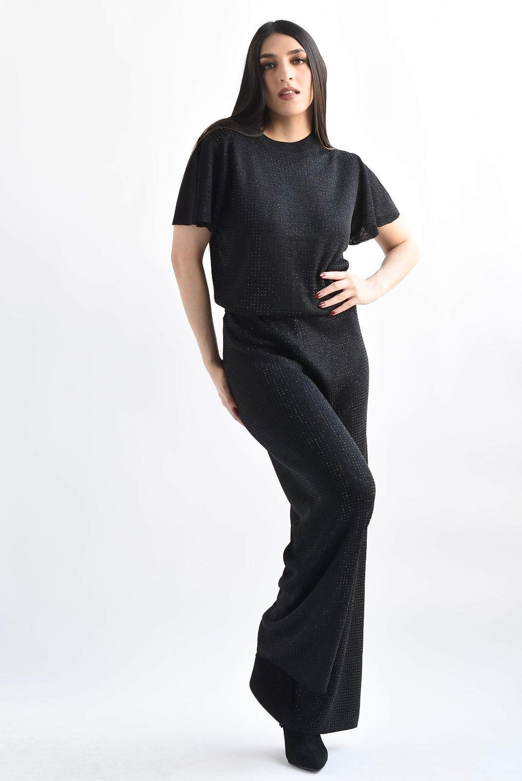 Set Pantalón y Blusa punto metalizado brillos Negro