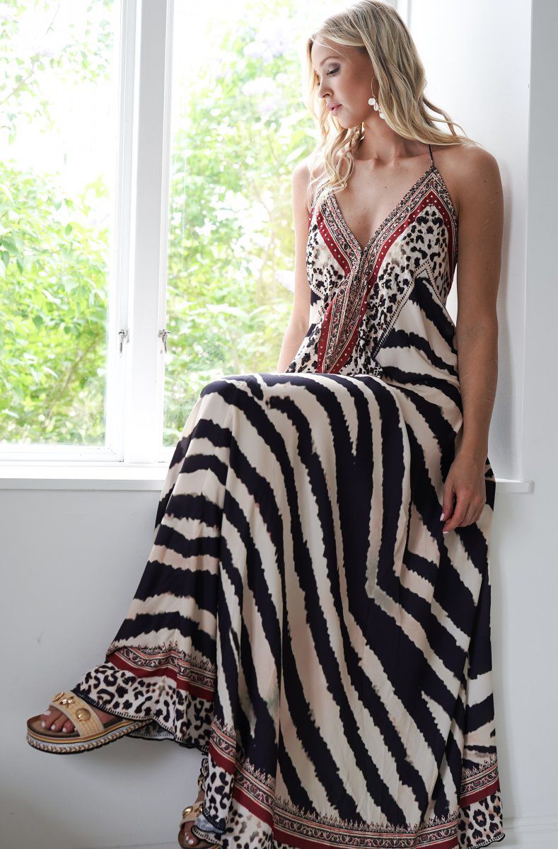 Vestido largo halter Zebra Espresso