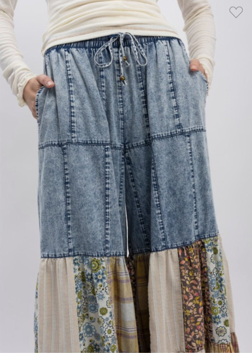 Pantalón denim maxi campana patchwork