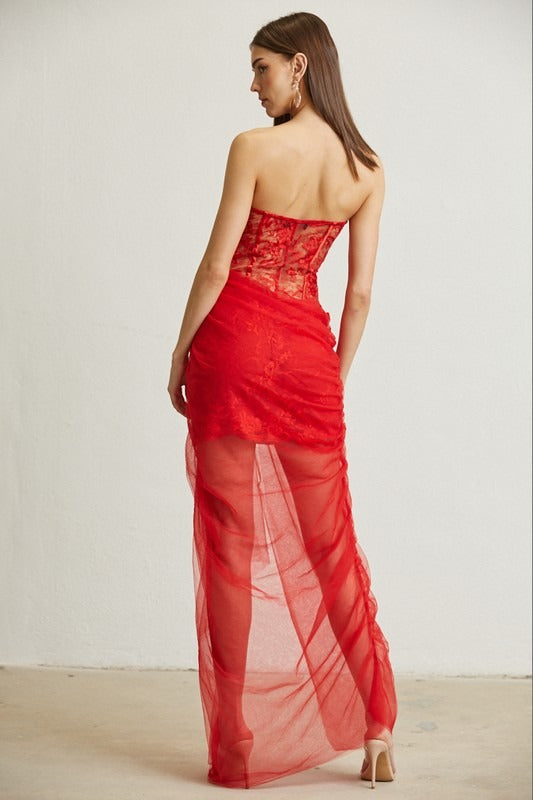 Vestido encaje y tulle Rojo