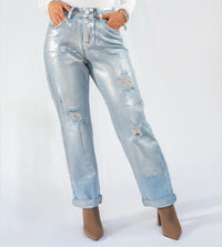 Fashion Styled Jeans foil rasgados Plata