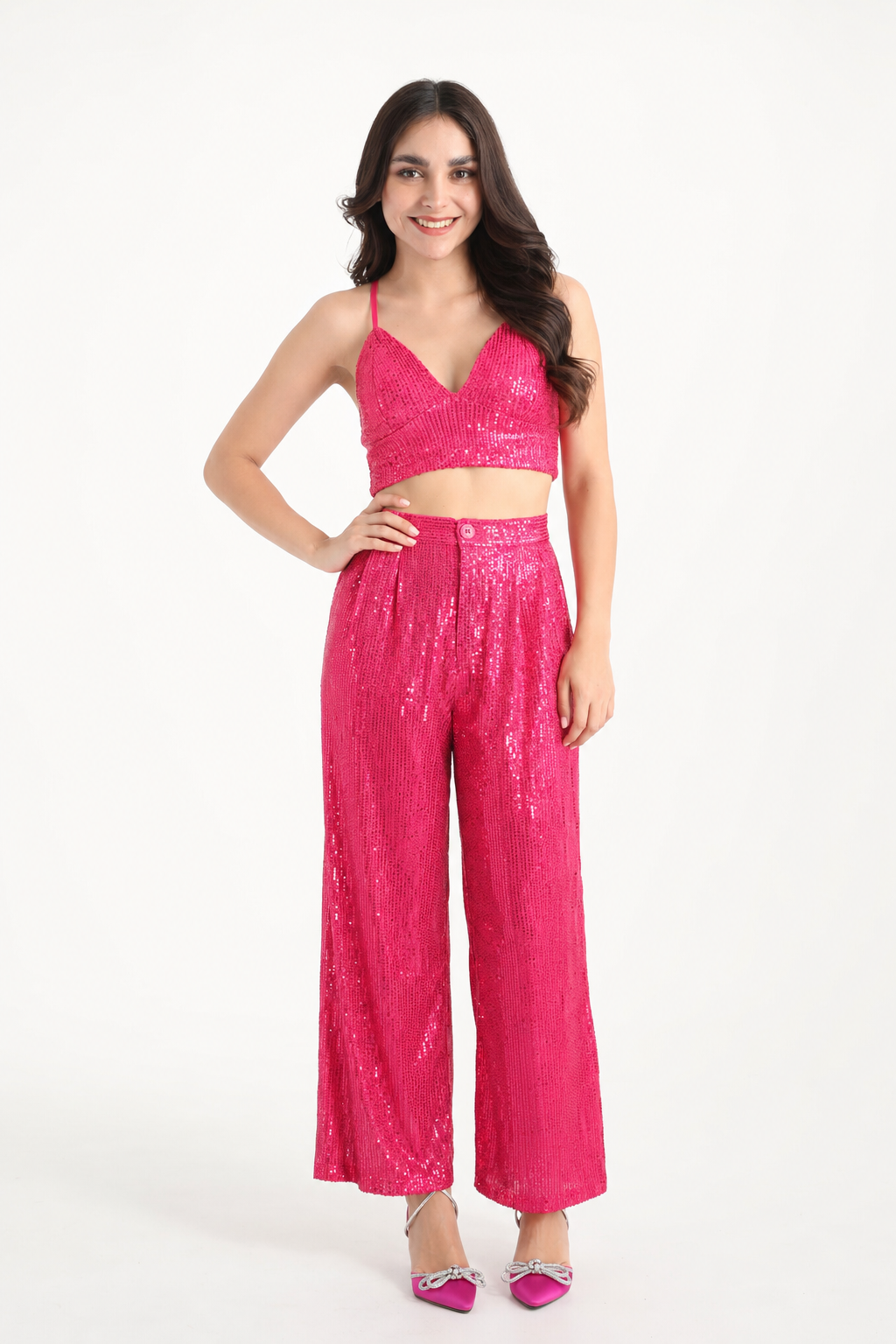 Set Pantalón pierna ancha y Top lentejuela Fiusha