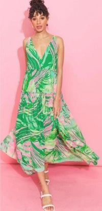 Fashion Styled Vestido largo tropical Verde con Rosa