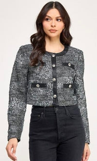 Fashion Styled Blazer corto tweed lentejuela Plata