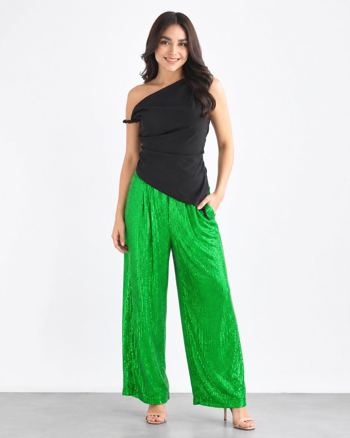 Pantalón pierna ancha lentejuela Verde
