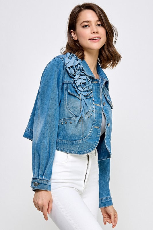 Chamarra Denim Flores 3D