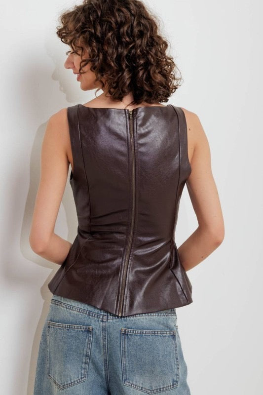 Blusa peplum cuello cuadro vinipiel Espresso