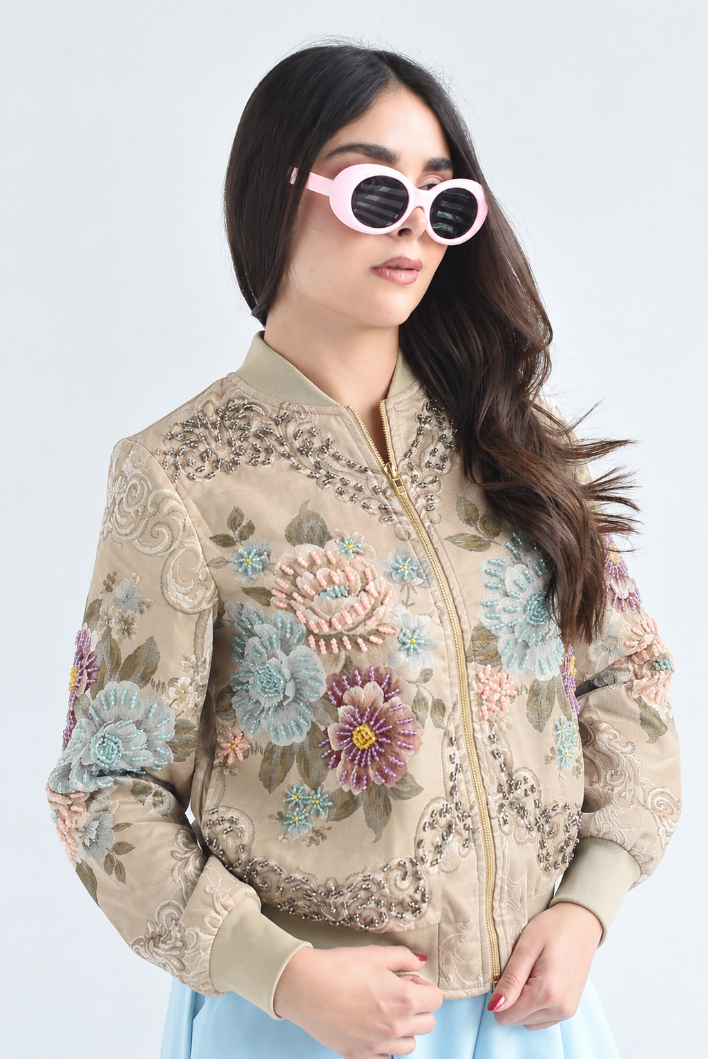 Chamarra bomber flores tapiz cuentas