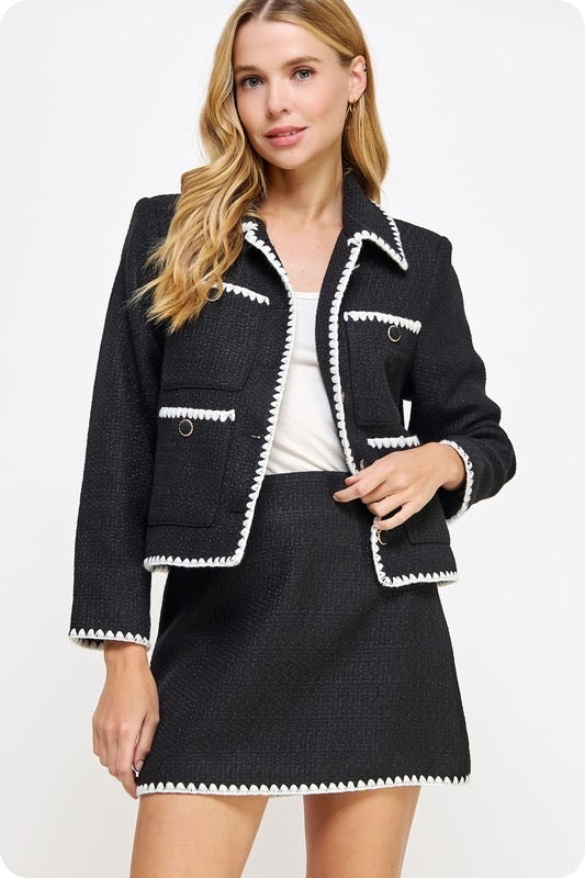 Set Falda y Blazer tweed filos blancos Negro