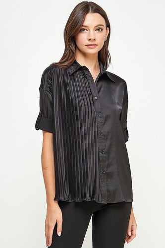 Blusa manga 3/4 satín tablas Negra