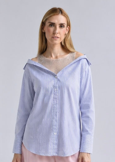 Camisa off-shoulders rayas top mesh brillos