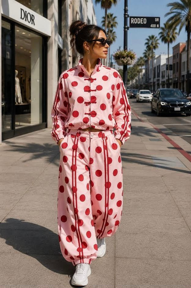 Set Pantalón barrel y Chamarra polka dots lazos chinos