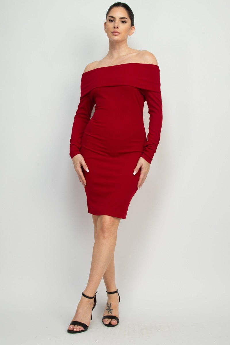 Vestido off-shoulder licra canalé Rojo