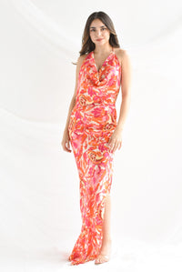 Fashion Styled Vestido largo espalda Flores Naranja
