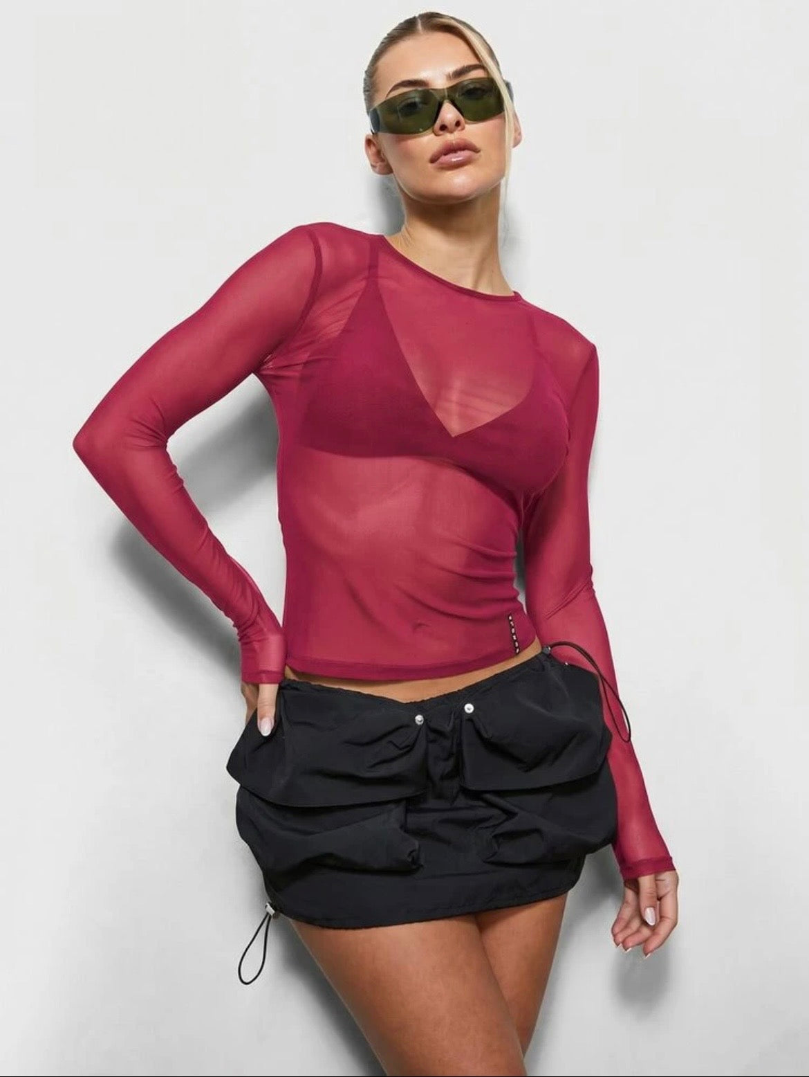 Blusa mesh manga larga cuello redondo