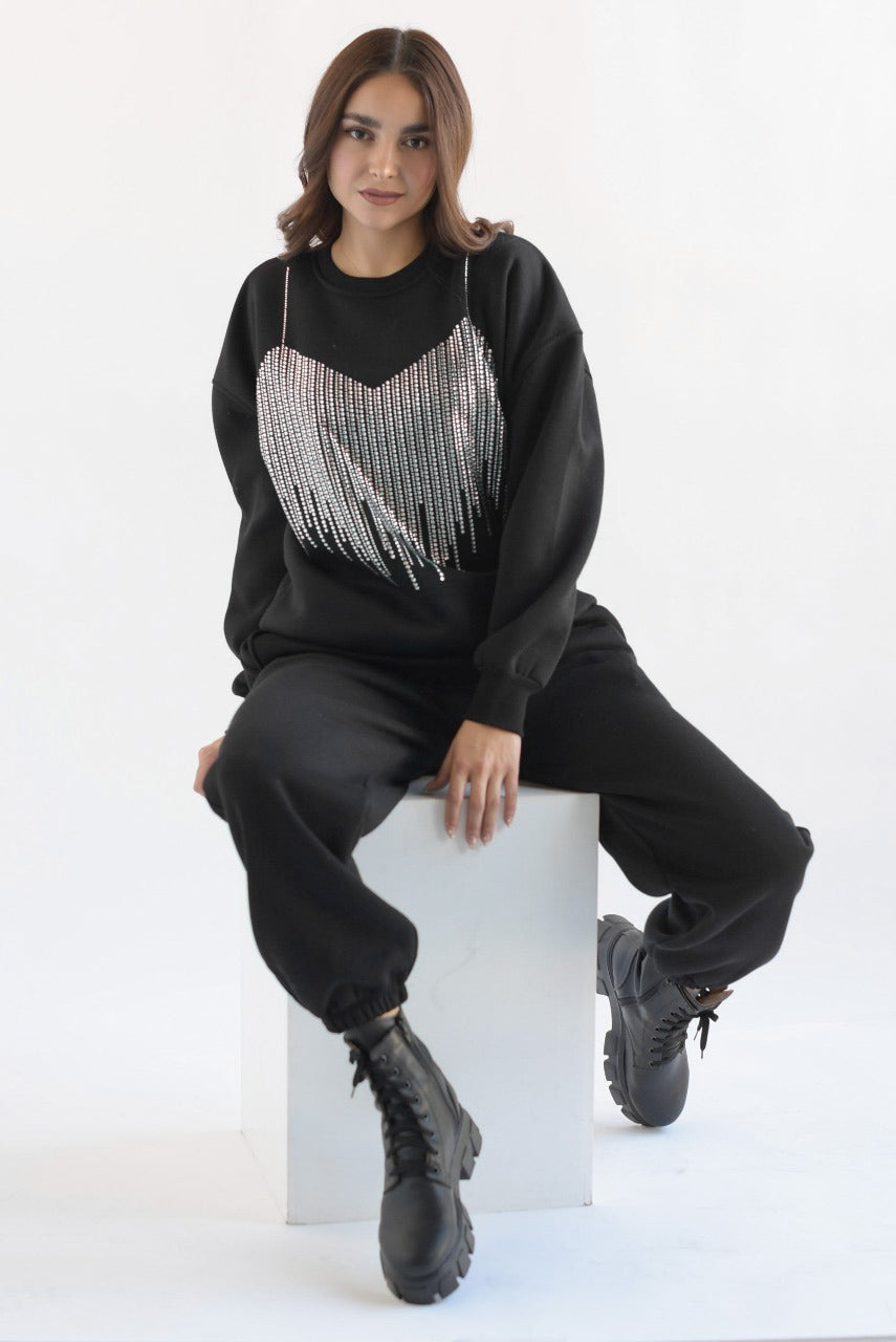 Set Pantalón y Sudadera corset brillos Negro