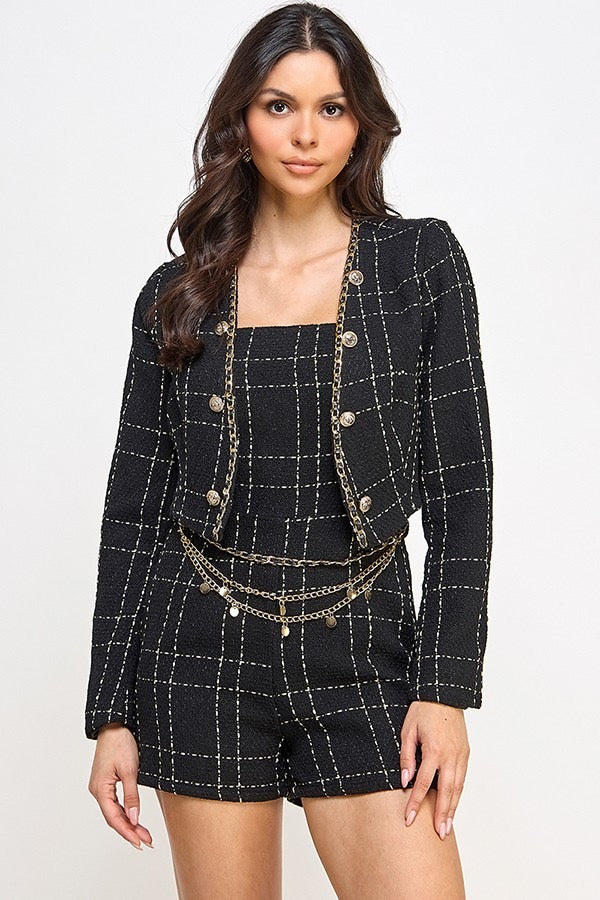 Set Romper y Blazer tweed Negro