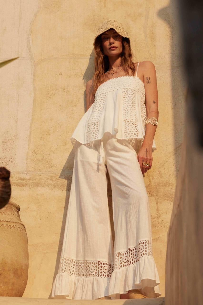 Set Pantalón y Blusa tira guipur Blanco