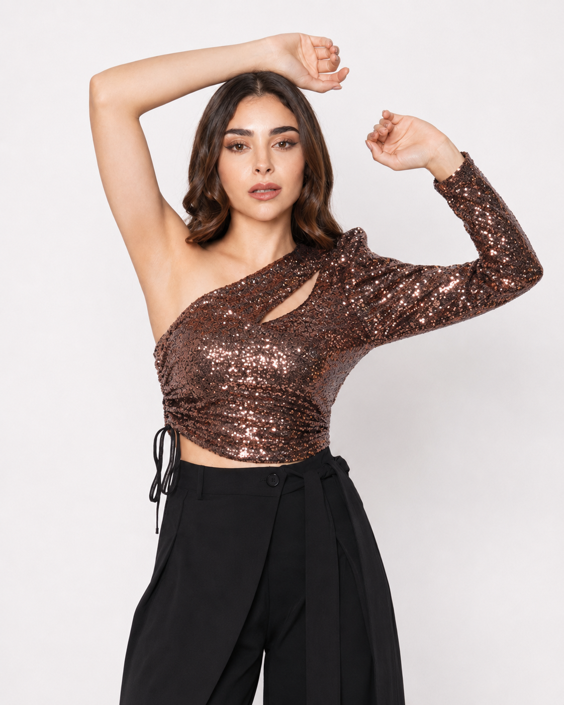Blusa crop de una manga en lentejuela Cobre