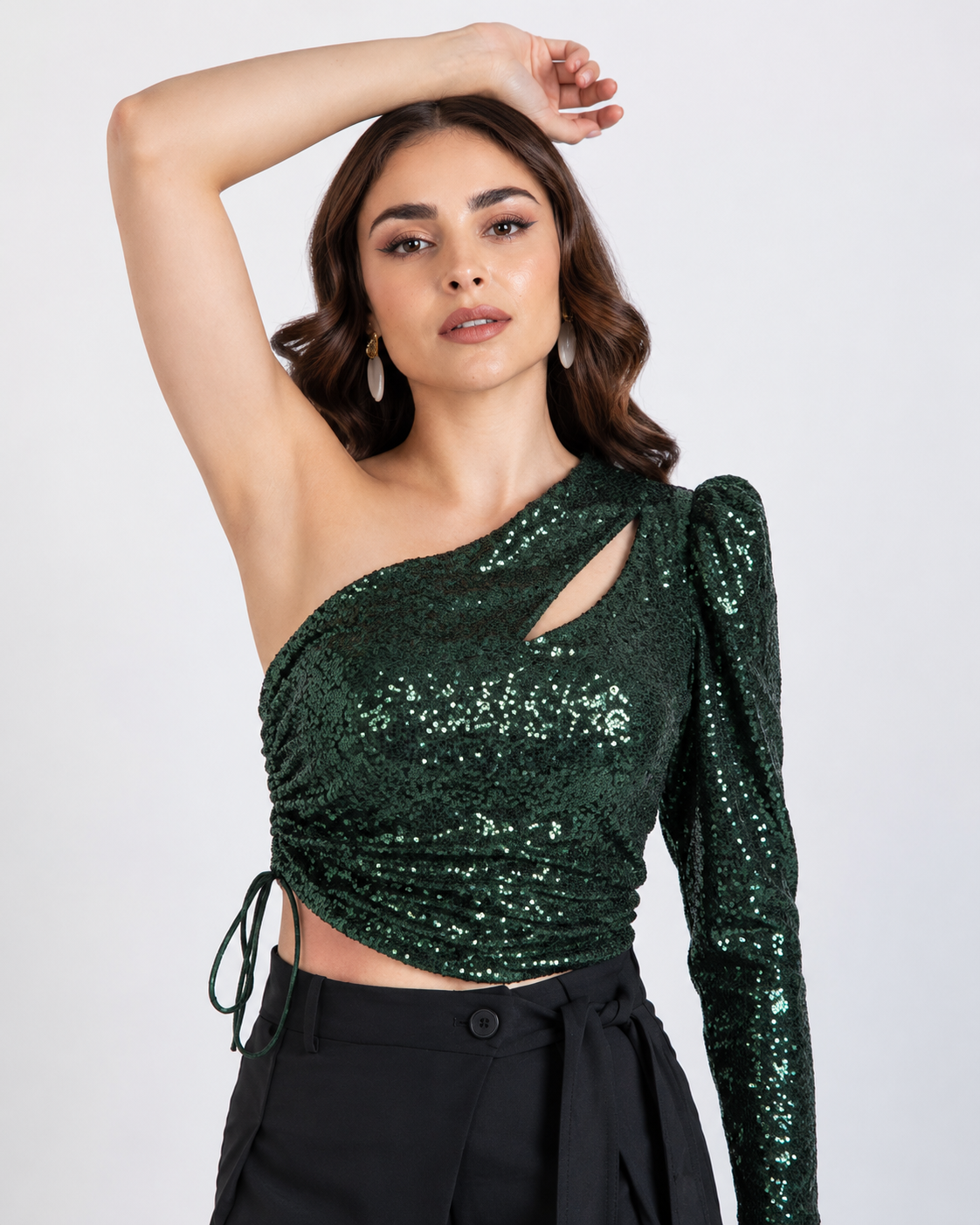 Blusa crop de una manga en lentejuela Esmeralda