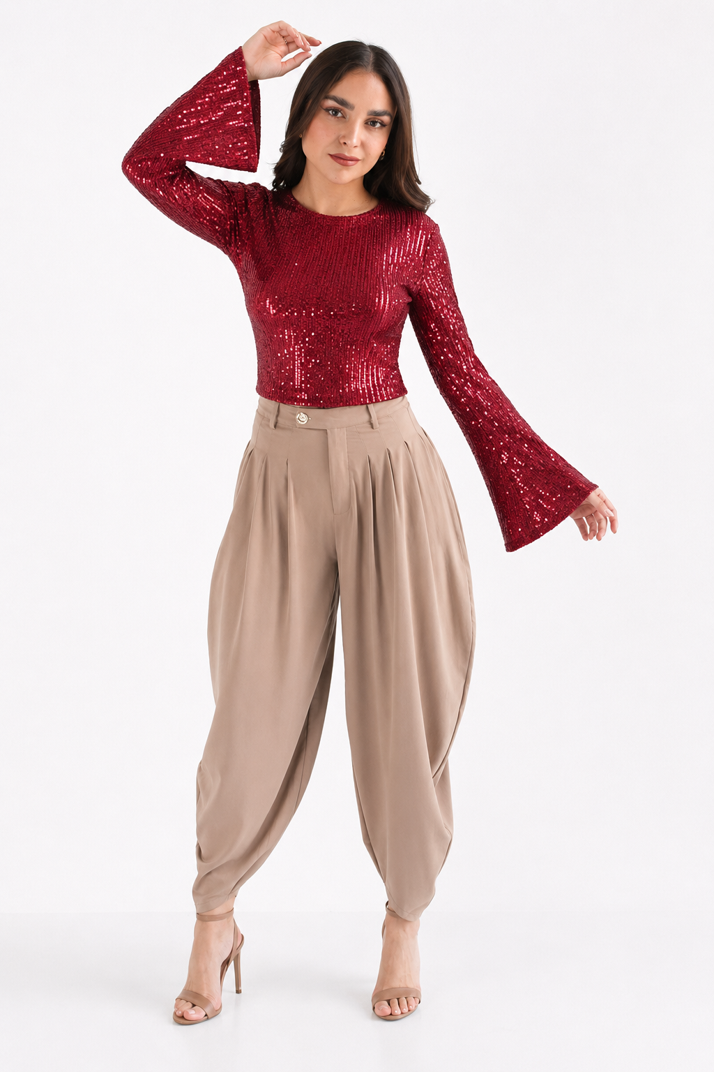 Blusa manga larga de lentejuela Vino