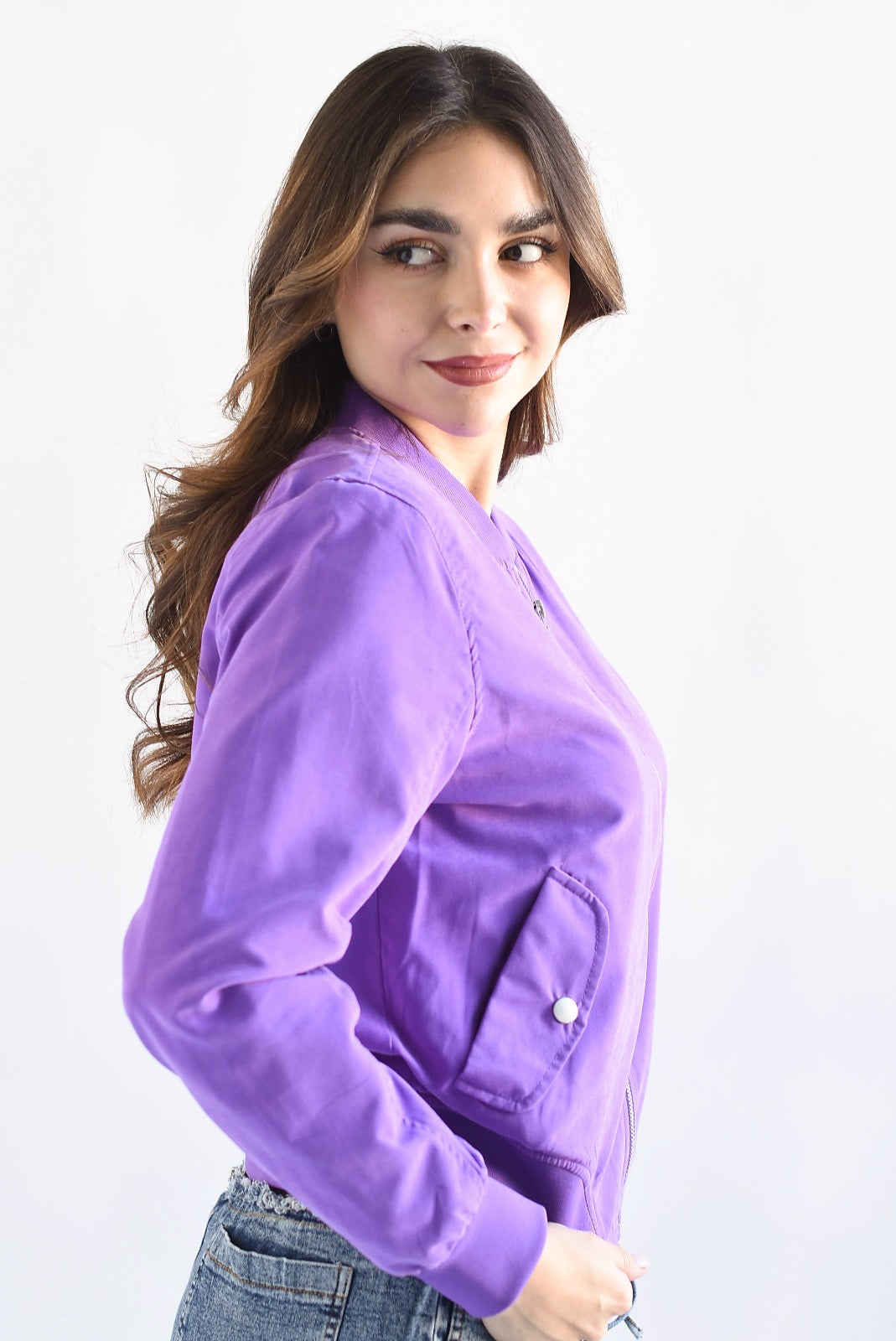 Chamarra Bomber piel de durazno Morado