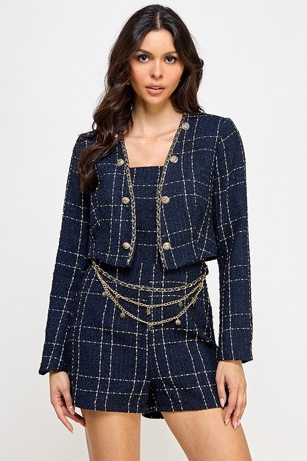 Set Romper y Blazer tweed Azul Marino
