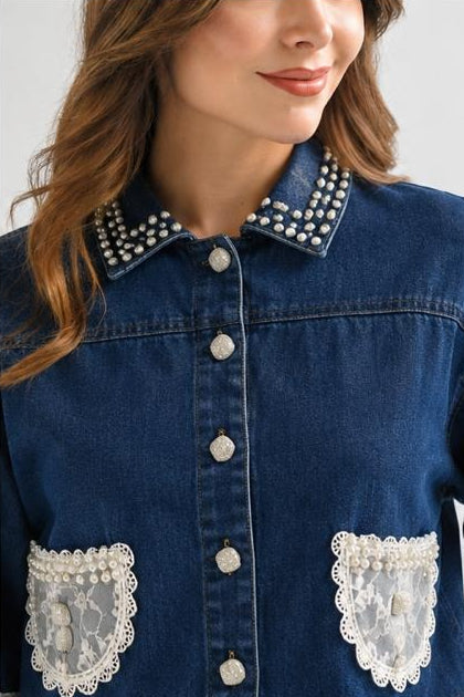 Chamarra crop Denim perlas