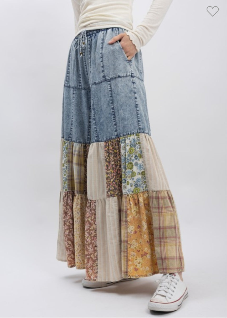 Pantalón denim maxi campana patchwork