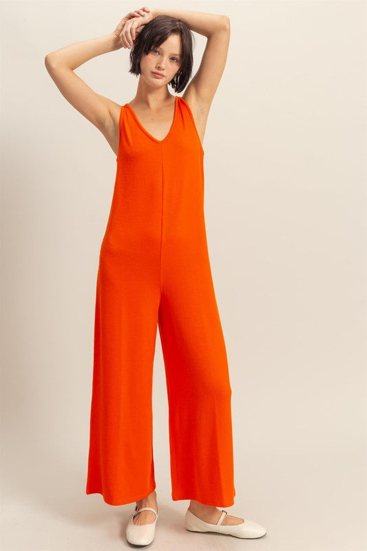 Jumpsuit pierna ancha cuello V Naranja