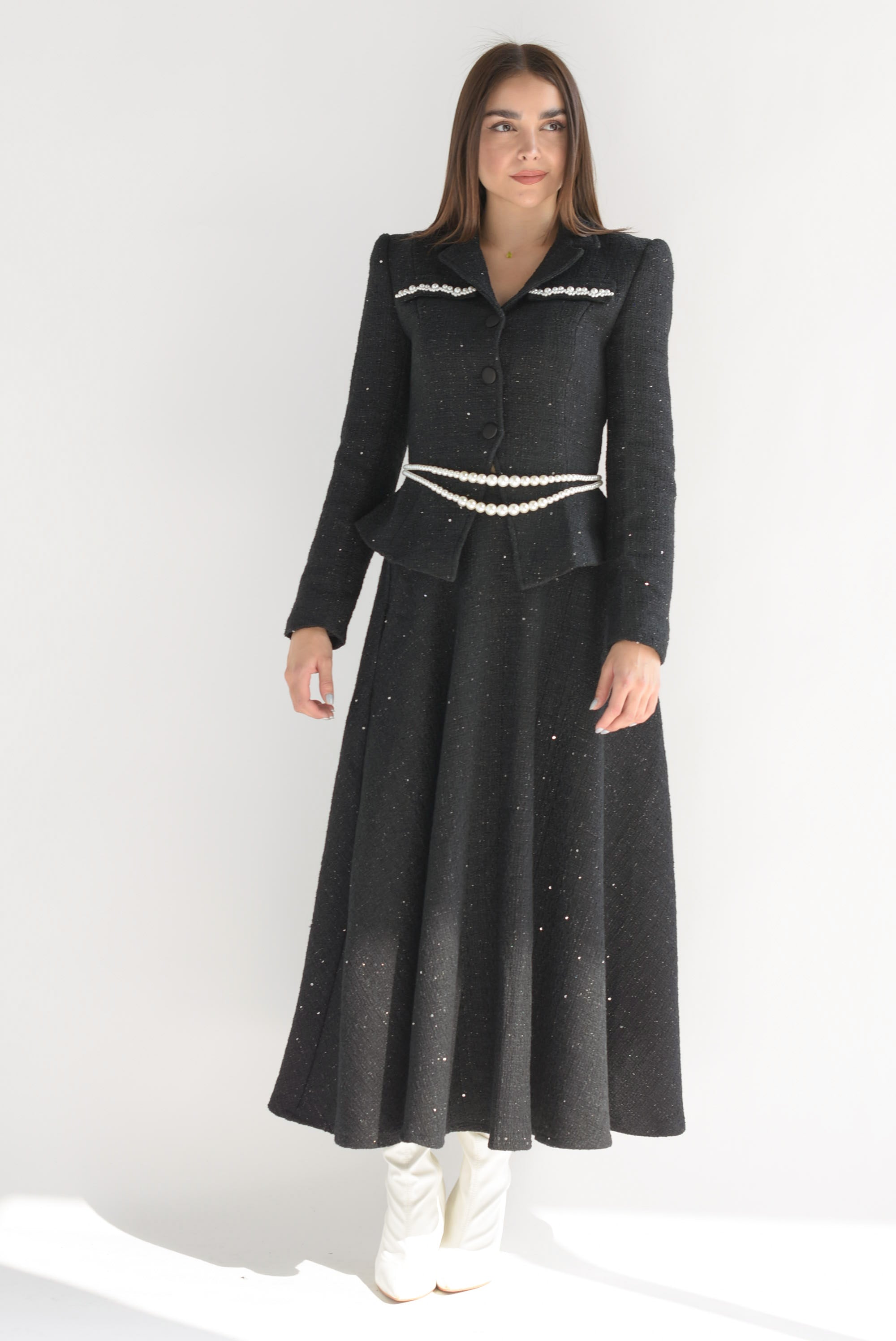 Set Falda vuelo y Blazer tweed perlas Negro
