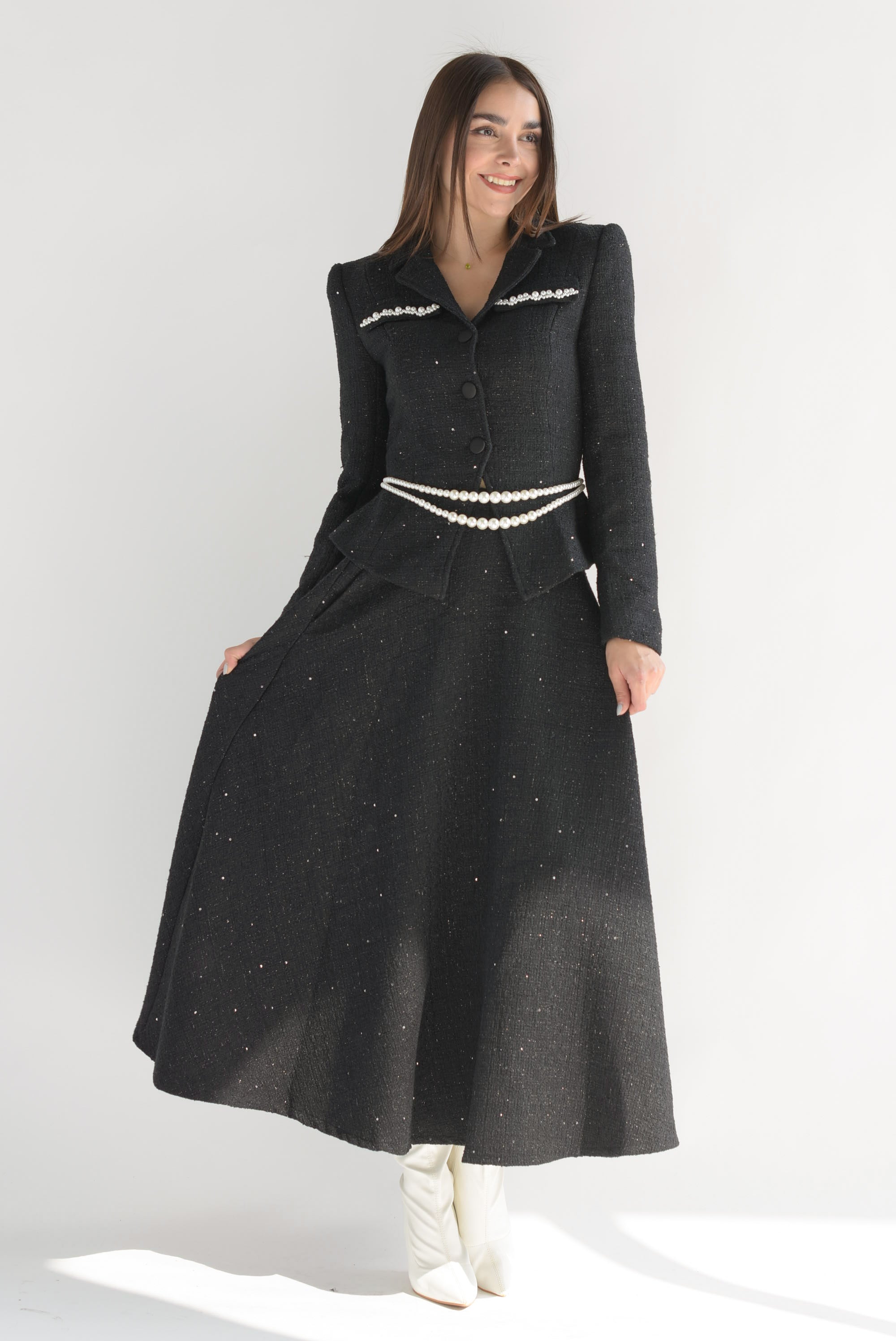 Set Falda vuelo y Blazer tweed perlas Negro