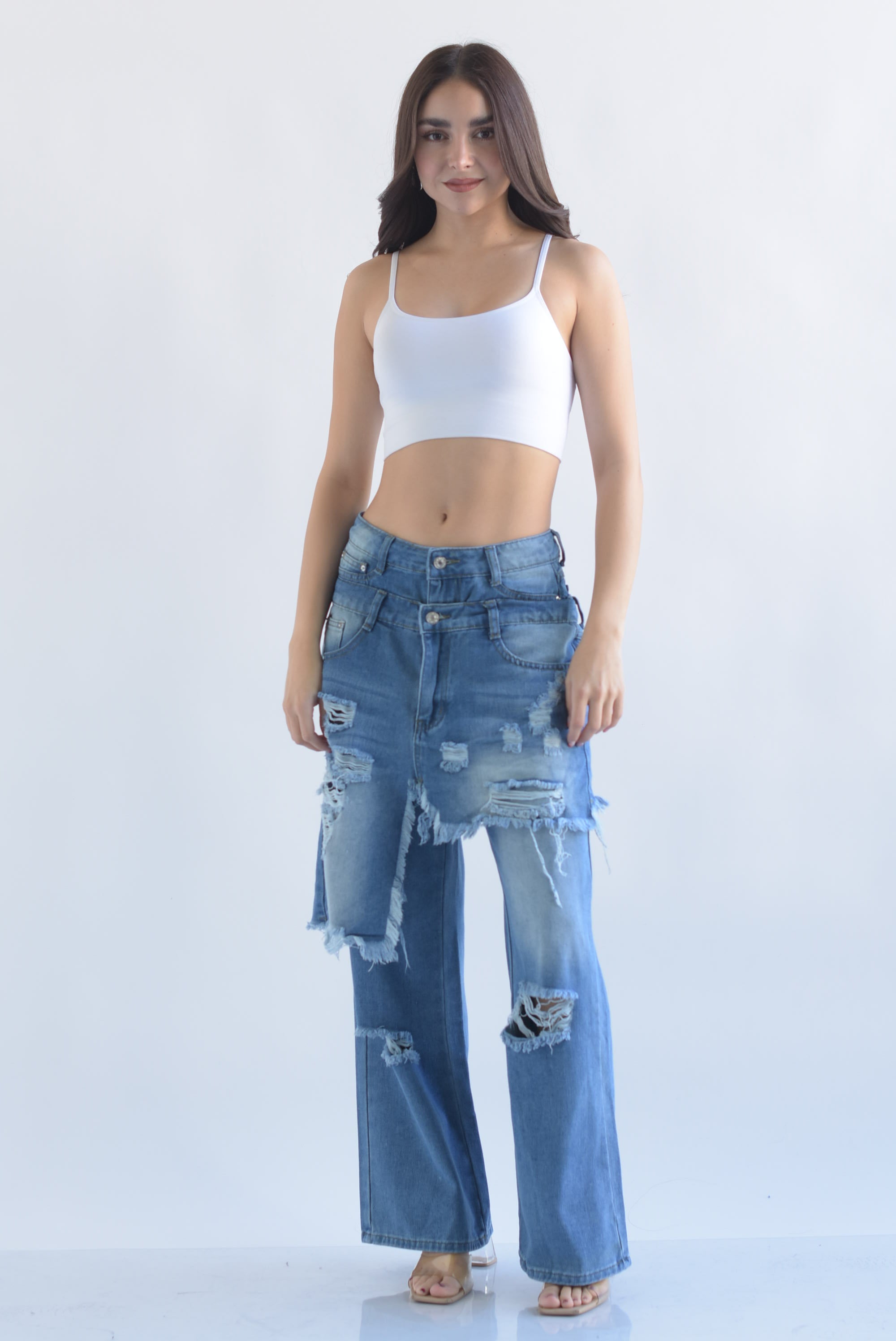 Jeans doble pretina con falda deshilado