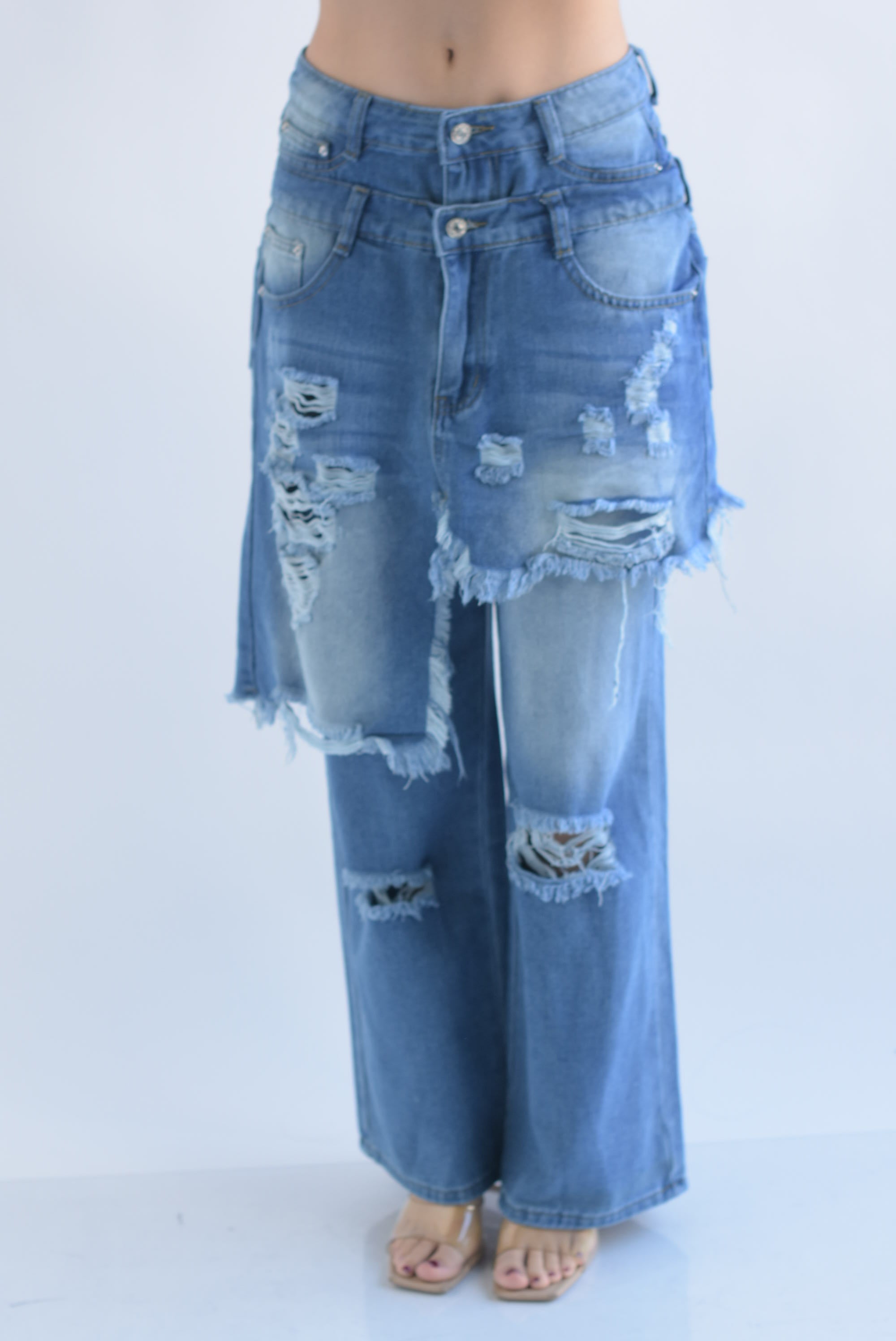 Jeans doble pretina con falda deshilado