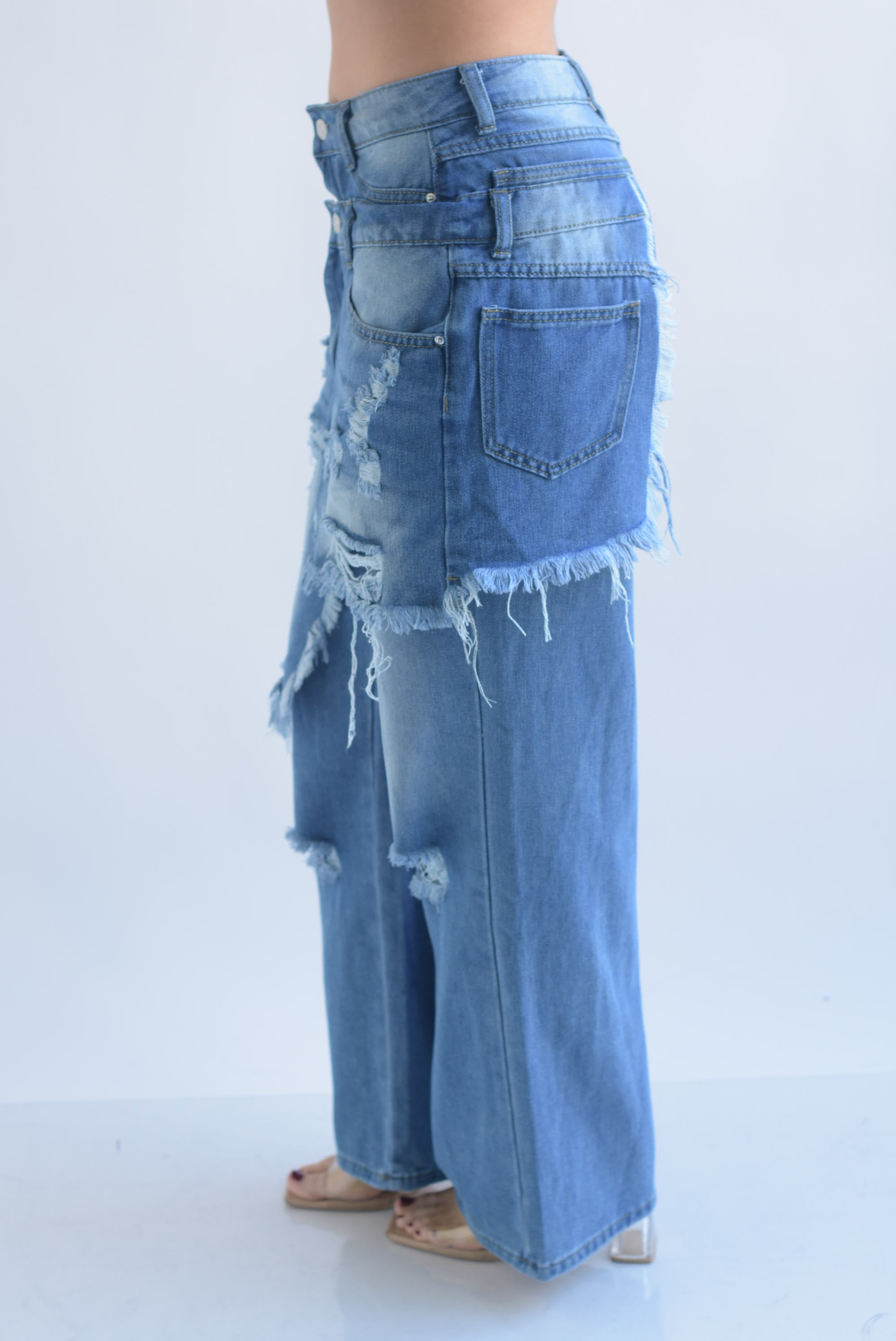 Jeans doble pretina con falda deshilado