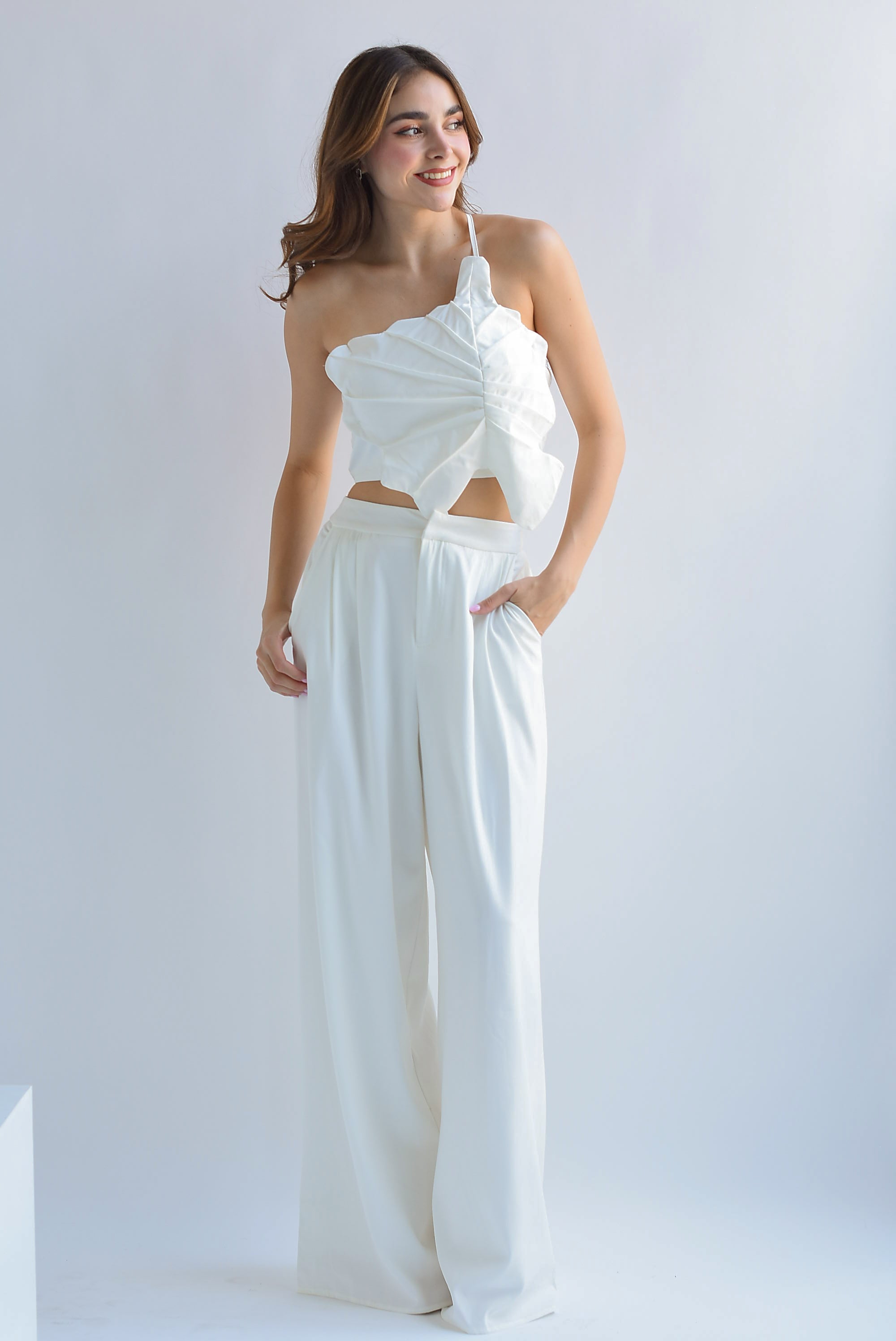 Set Pantalón y Top hoja Blanco