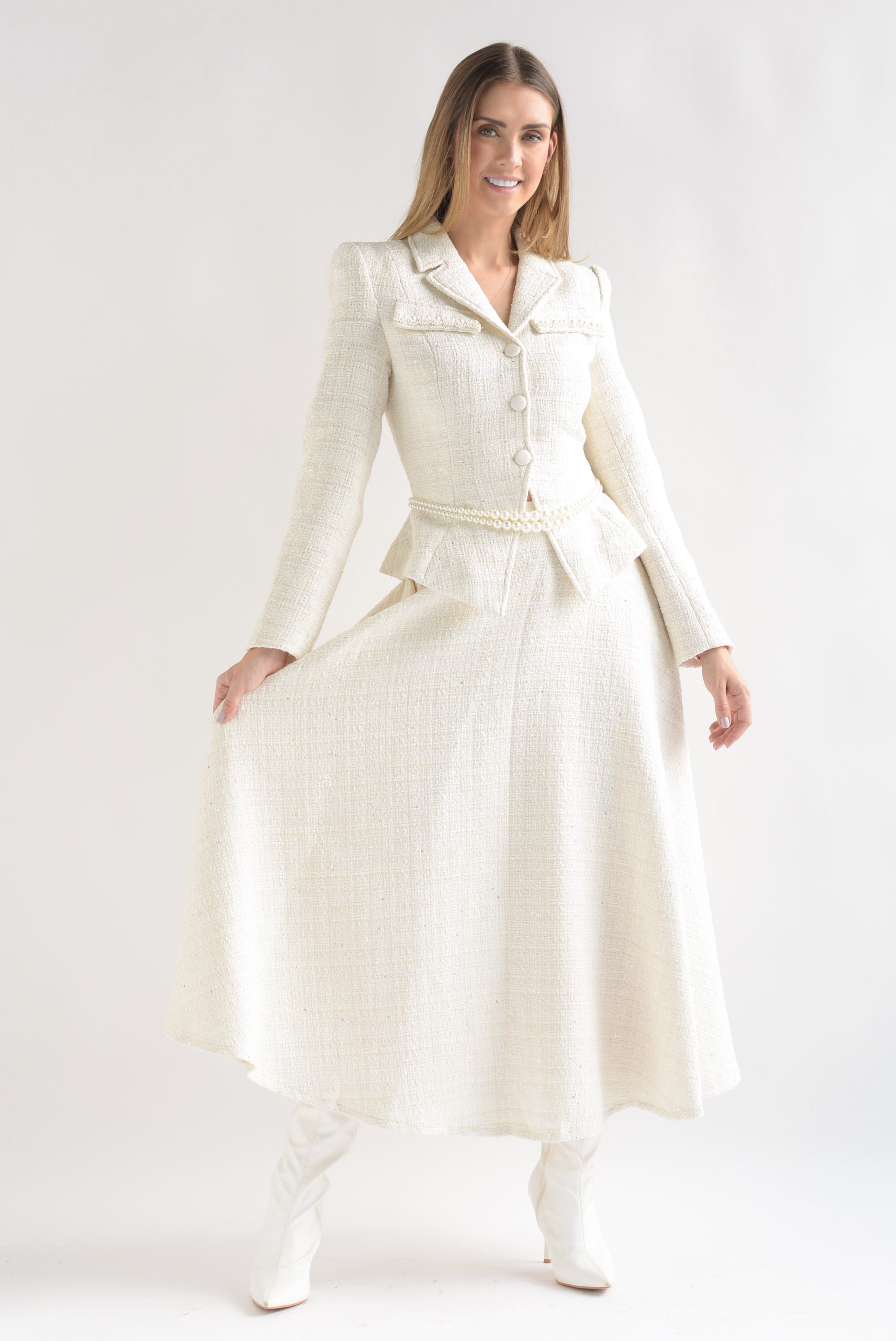 Set Falda vuelo y Blazer tweed perlas Ivory
