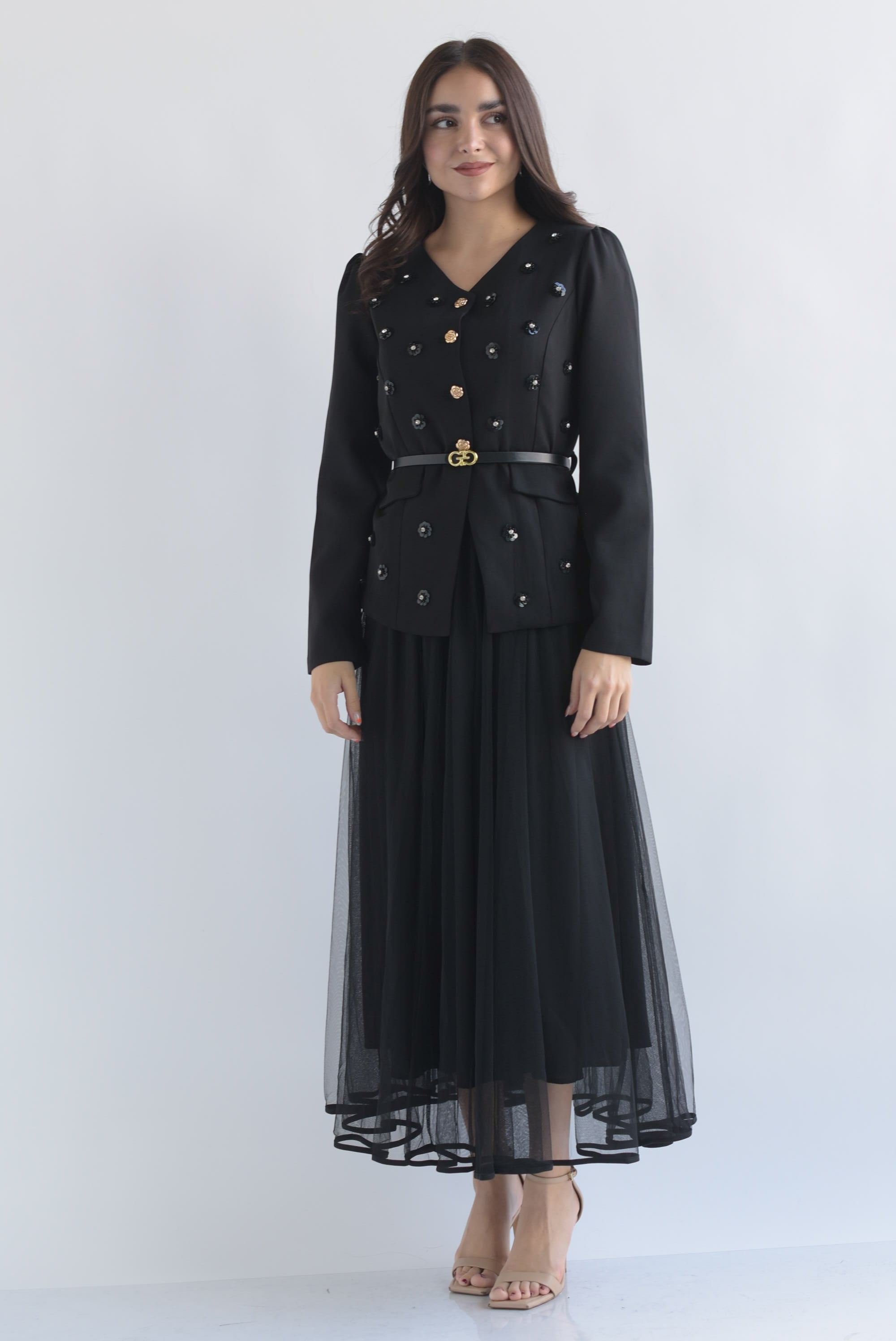 Set Falda tulle y Blazer flores lentejuela