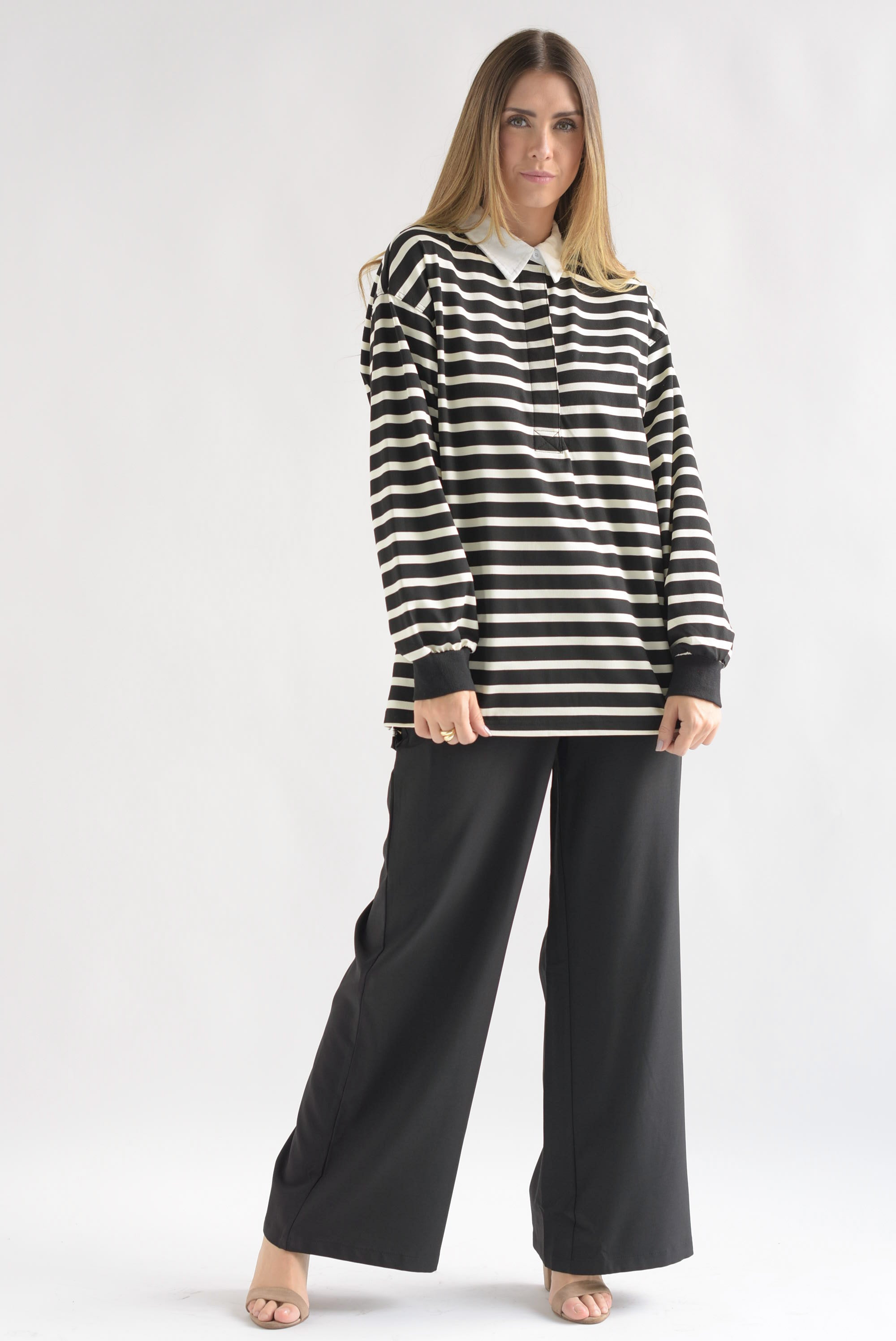 Blusa polo holgada rayas Negro