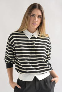 Fashion Styled Blusa polo holgada rayas Negro