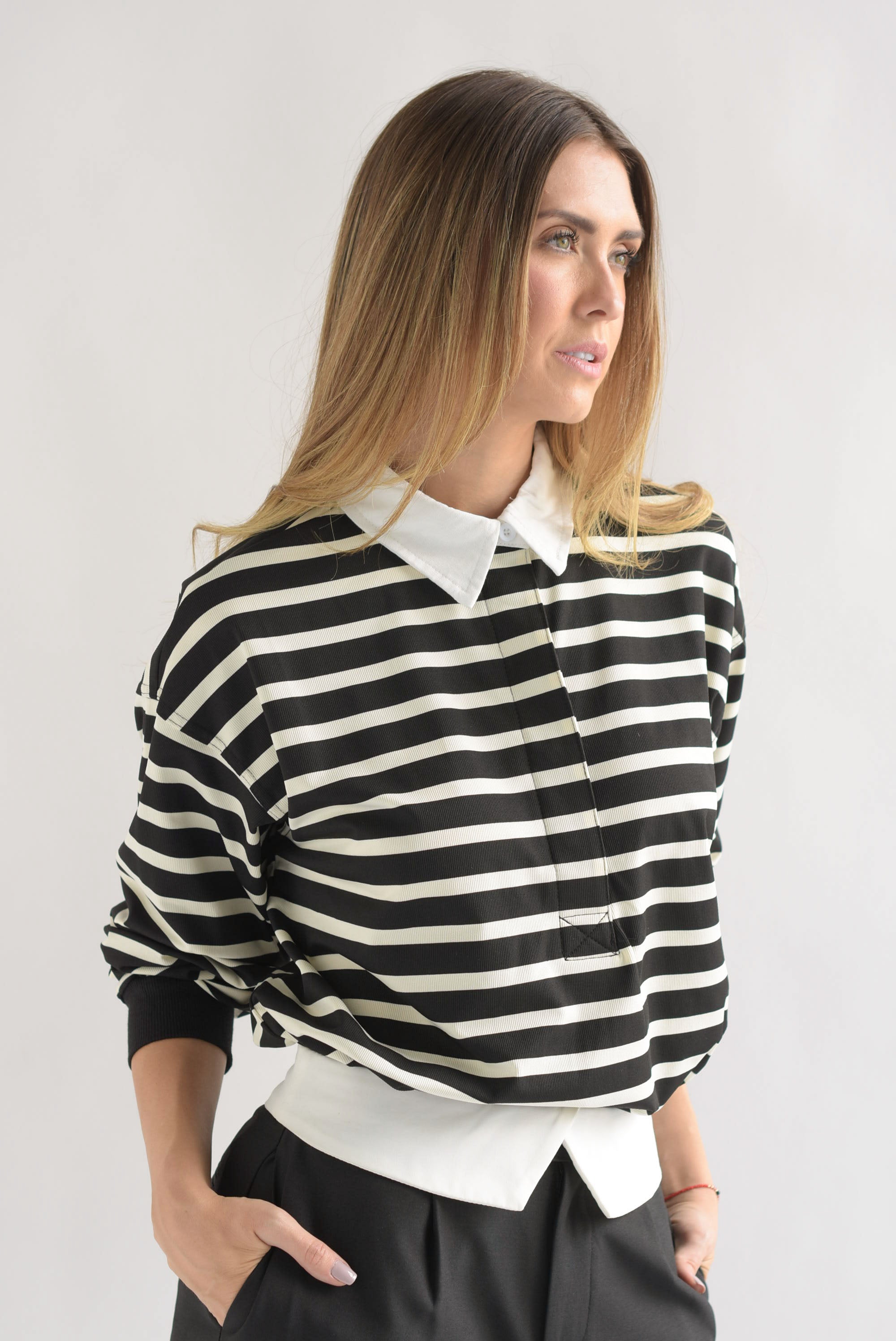 Blusa polo holgada rayas Negro